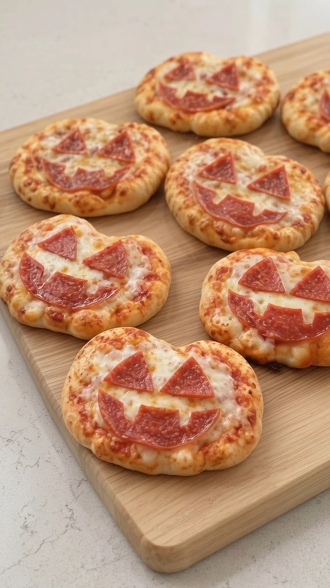 Cheesy pumpkin mini pizzas served for a Halloween movie night