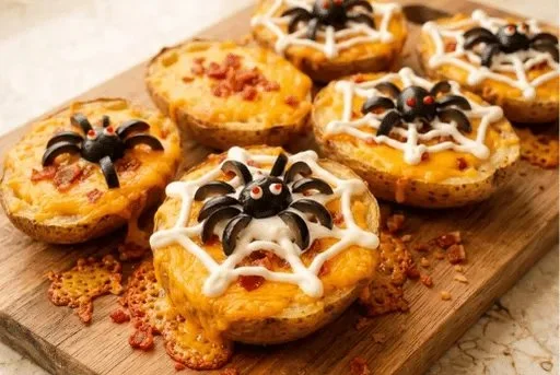 Cheesy bacon-filled potato skins shaped like creepy crawly creatures for Halloween
