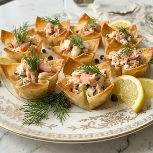 Crisp wonton cups filled with fresh seafood and dill, a perfect appetizer.