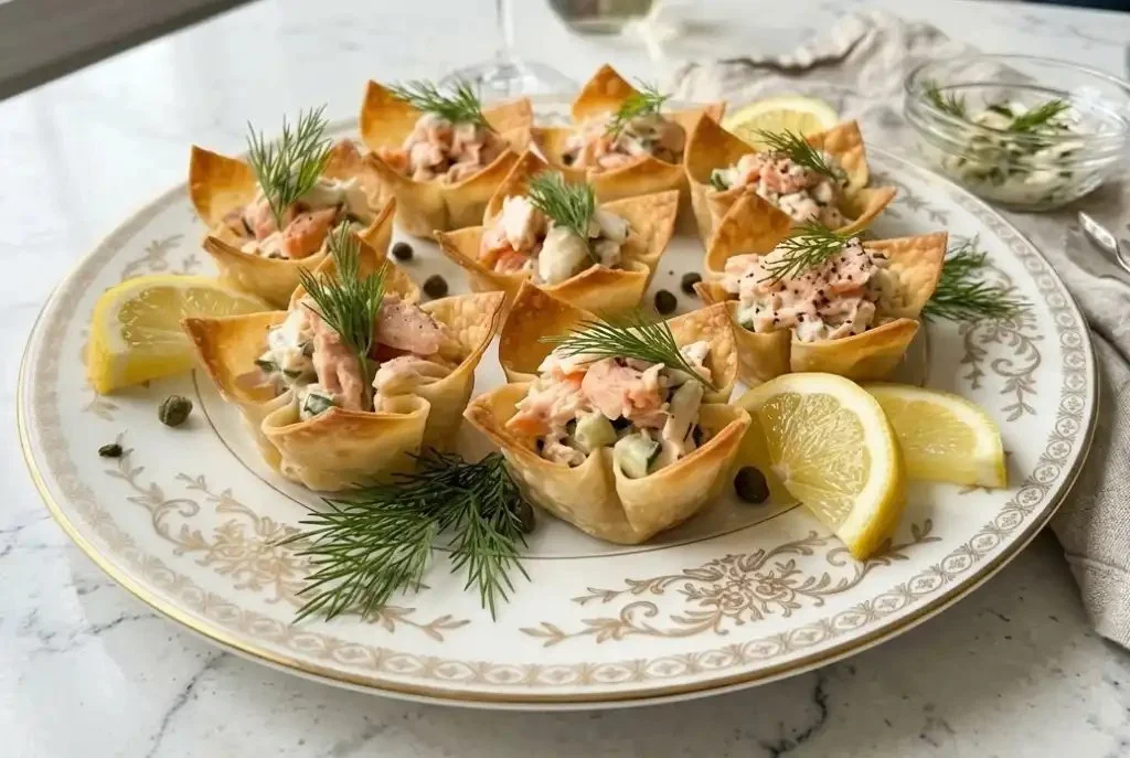 Crisp wonton cups filled with fresh seafood and dill, a perfect appetizer.