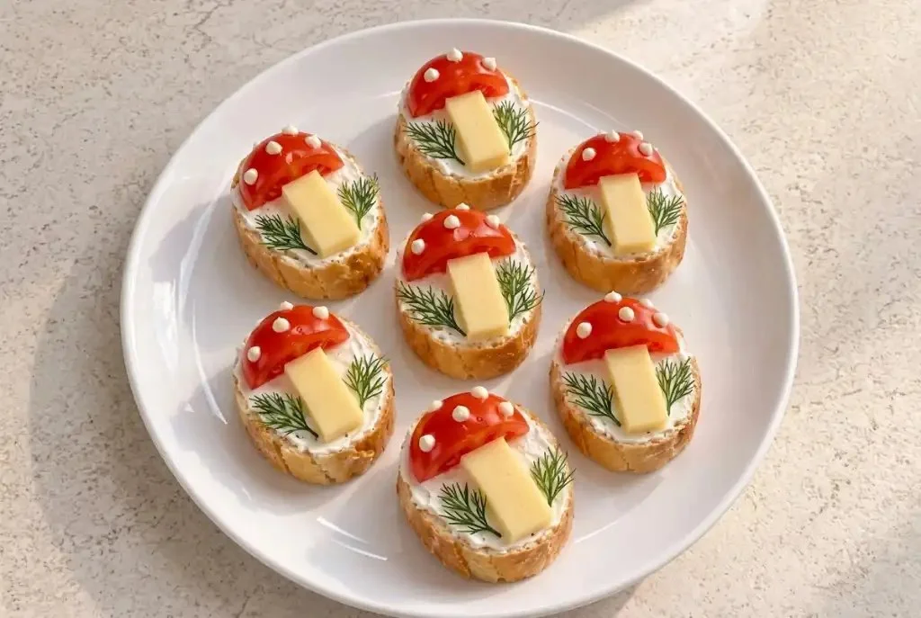Crispy baguette bites topped with cream cheese, cherry tomatoes, and dill on a platter.
