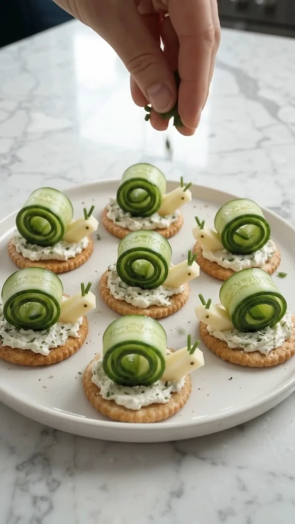 Cucumber Cheese Snail Snacks for kids with cucumber, cheese, and decorative features