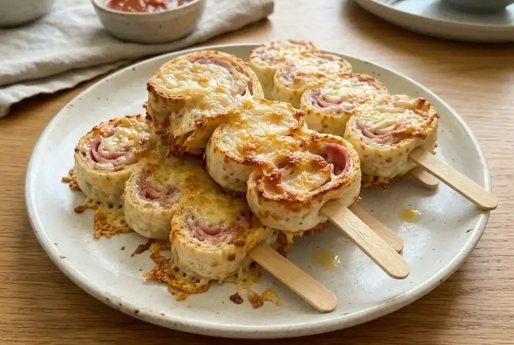 Easy cheesy pinwheel tortilla skewers with cream cheese on a platter