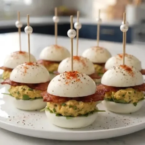 Deviled egg bacon sliders with creamy yolk filling on egg white buns