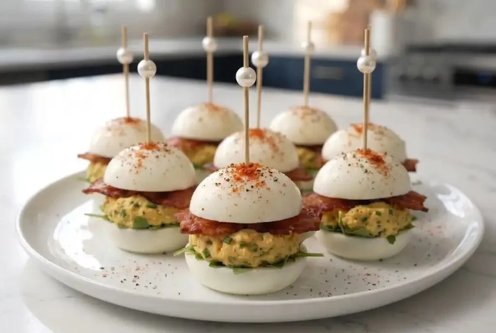 Deviled egg bacon sliders with creamy yolk filling on egg white buns
