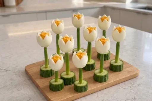 Easy deviled egg tulips for spring party appetizers