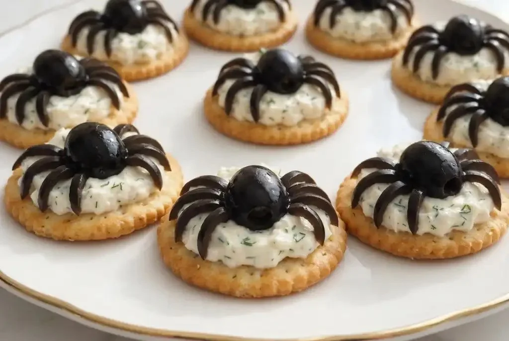 Easy Halloween crackers with olive and herb cream cheese for festive snacks