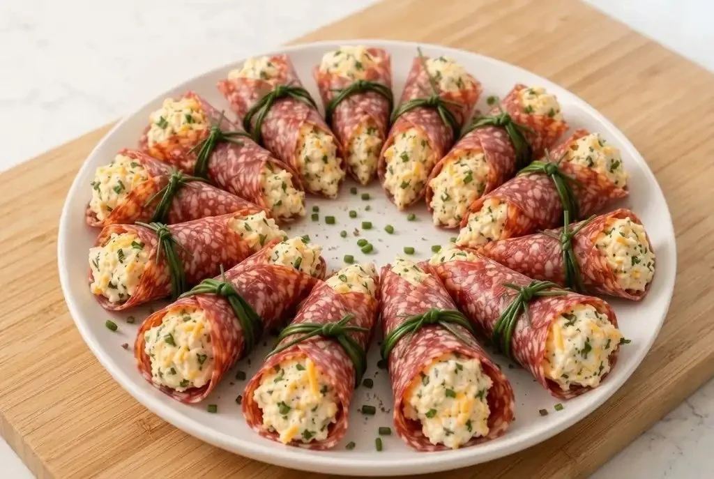 Delicious easy salami cone appetizers arranged for a cozy family gathering