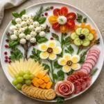 Edible flower garden charcuterie board featuring salami, cheese, and fresh veggies