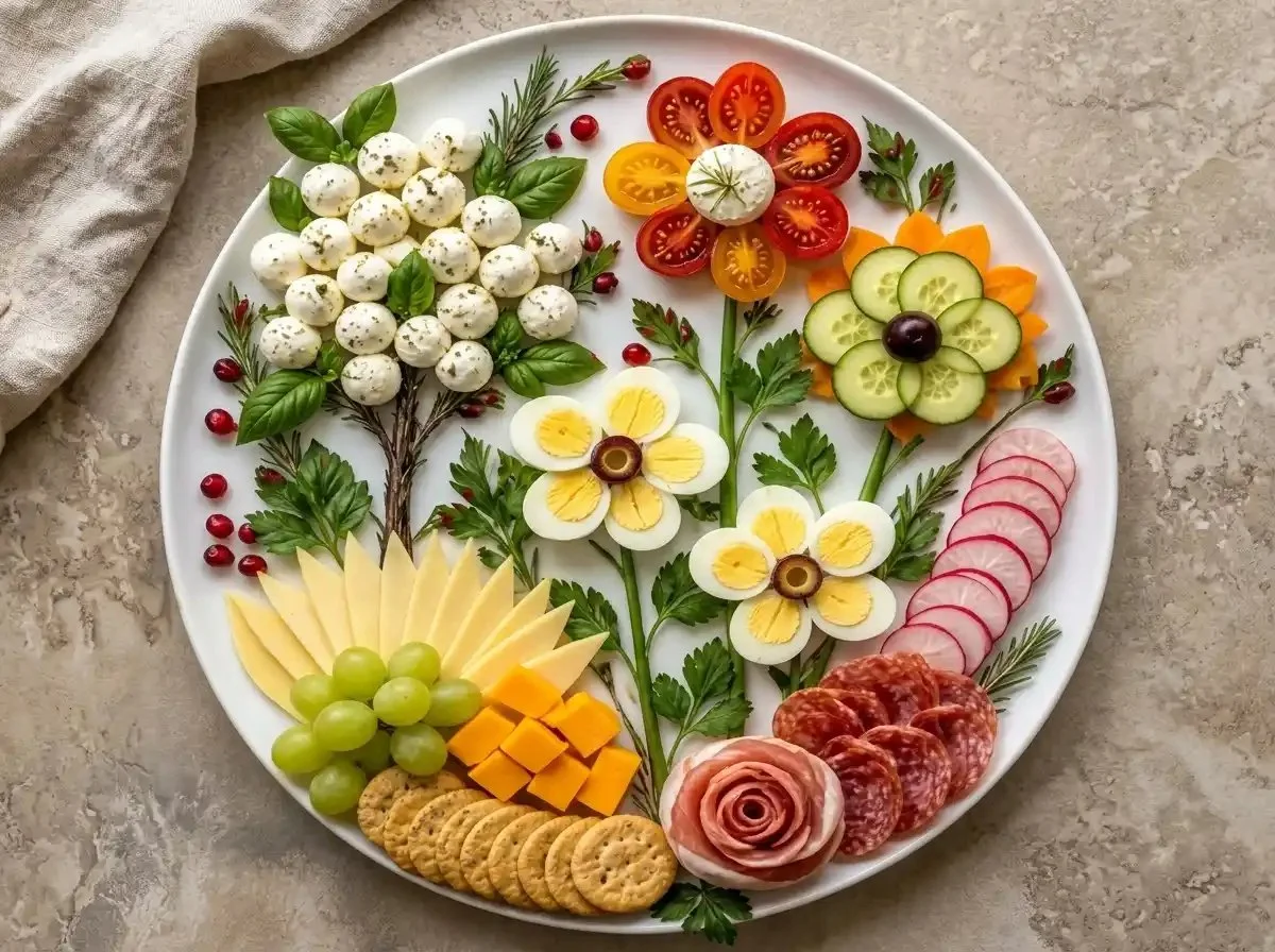 Edible flower garden charcuterie board featuring salami, cheese, and fresh veggies