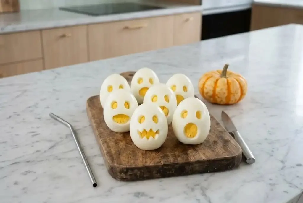 Healthy Halloween egg snacks shaped like spooky ghosts for kids.