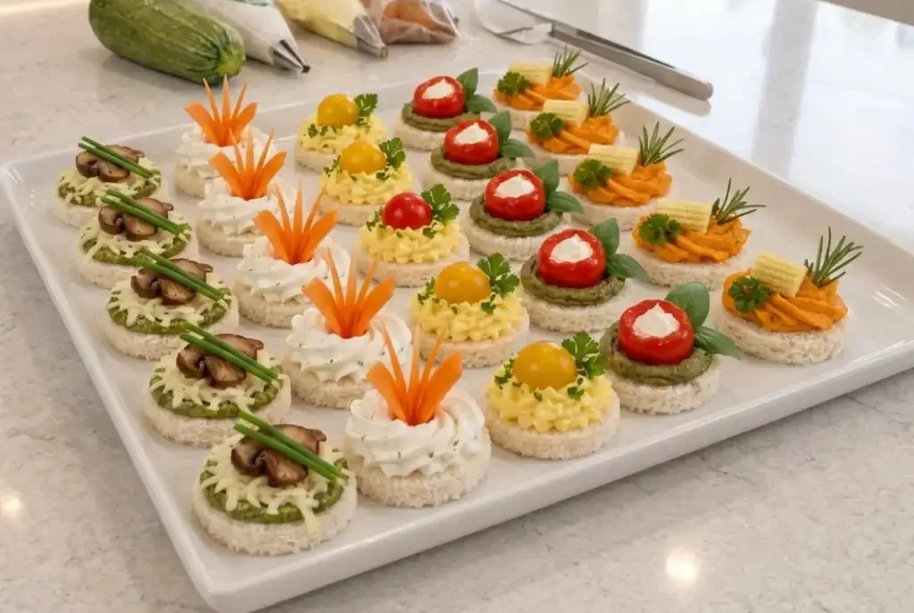 Elegant party appetizers with cream cheese-topped bread rounds and roasted mushrooms
