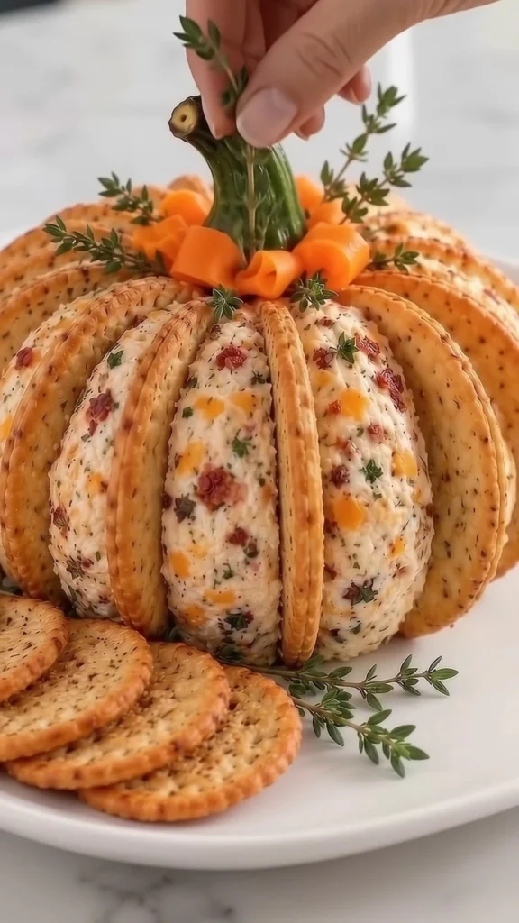 Delicious Pumpkin Cheese Ball displayed on a festive fall-themed table.