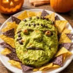 Spooky Frankenstein guacamole dip served in a hollowed-out pumpkin for Halloween
