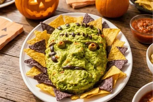 Spooky Frankenstein guacamole dip served in a hollowed-out pumpkin for Halloween