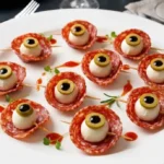 Spooky Halloween Eyeball Appetizers on a platter for festive party snacks.