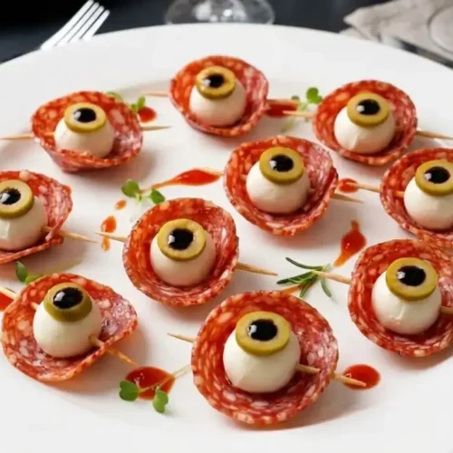 Spooky Halloween Eyeball Appetizers on a platter for festive party snacks.