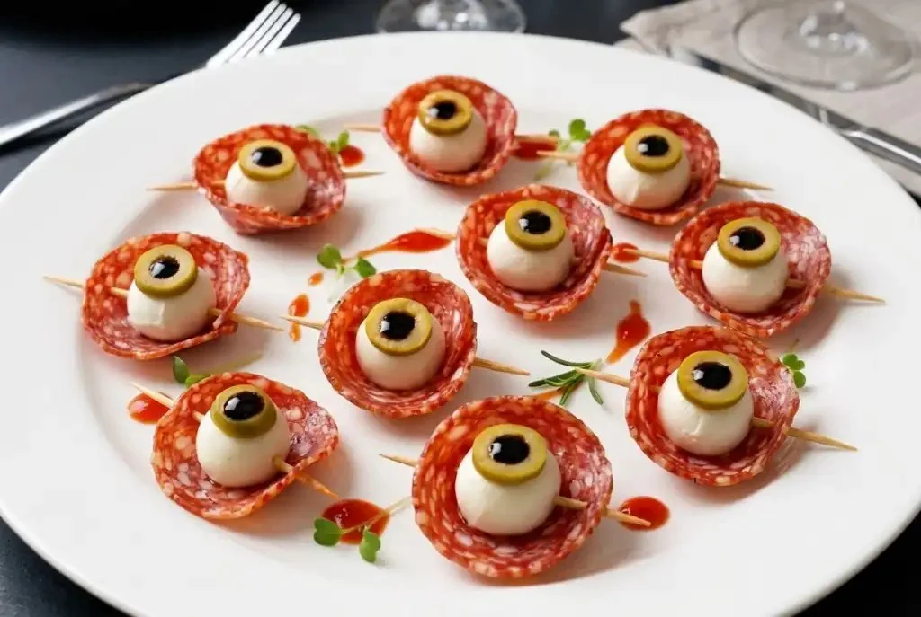 Spooky Halloween Eyeball Appetizers on a platter for festive party snacks.