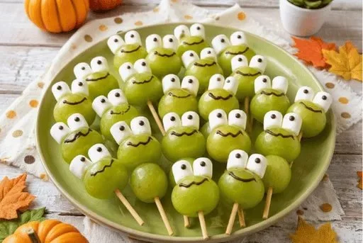 Halloween Grape Frog Pops with green grapes and marshmallow eyes