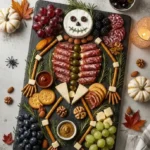 Halloween skeleton charcuterie board featuring brie skull and salami ribs