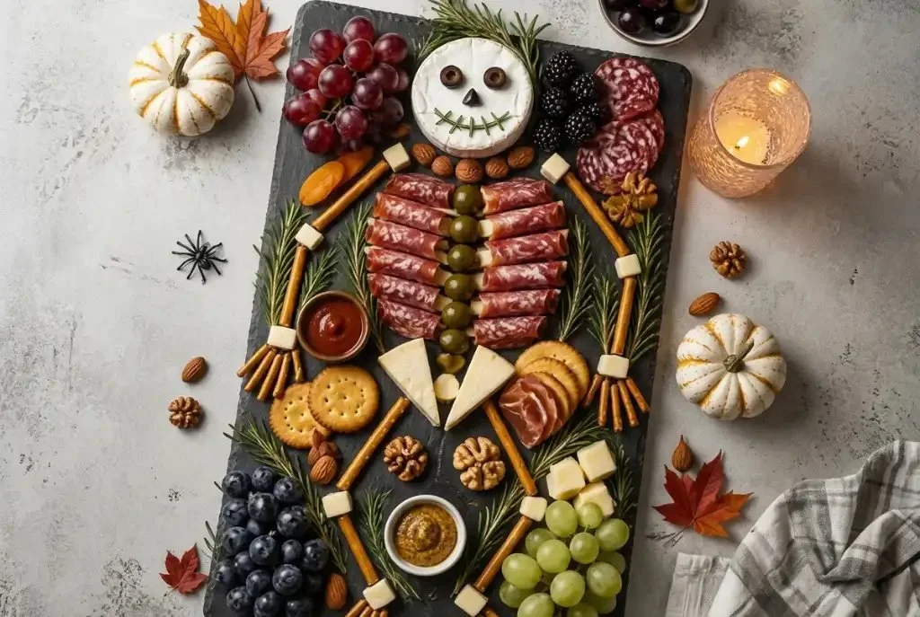 Halloween skeleton charcuterie board featuring brie skull and salami ribs