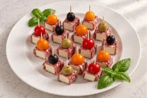 Delicious salami and cream cheese skewers with cherry tomatoes on a platter