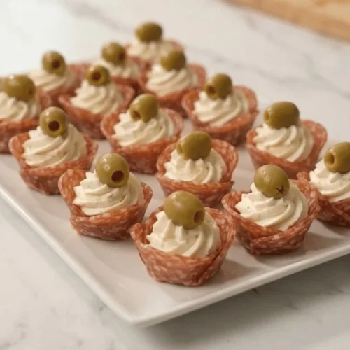 Easy salami cups filled with cream cheese for a quick party appetizer