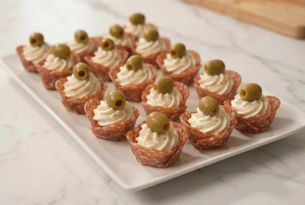 Easy salami cups filled with cream cheese for a quick party appetizer