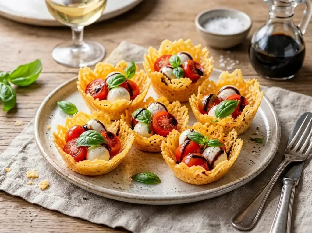 Low-Carb Caprese Appetizer Baskets in crispy parmesan cups