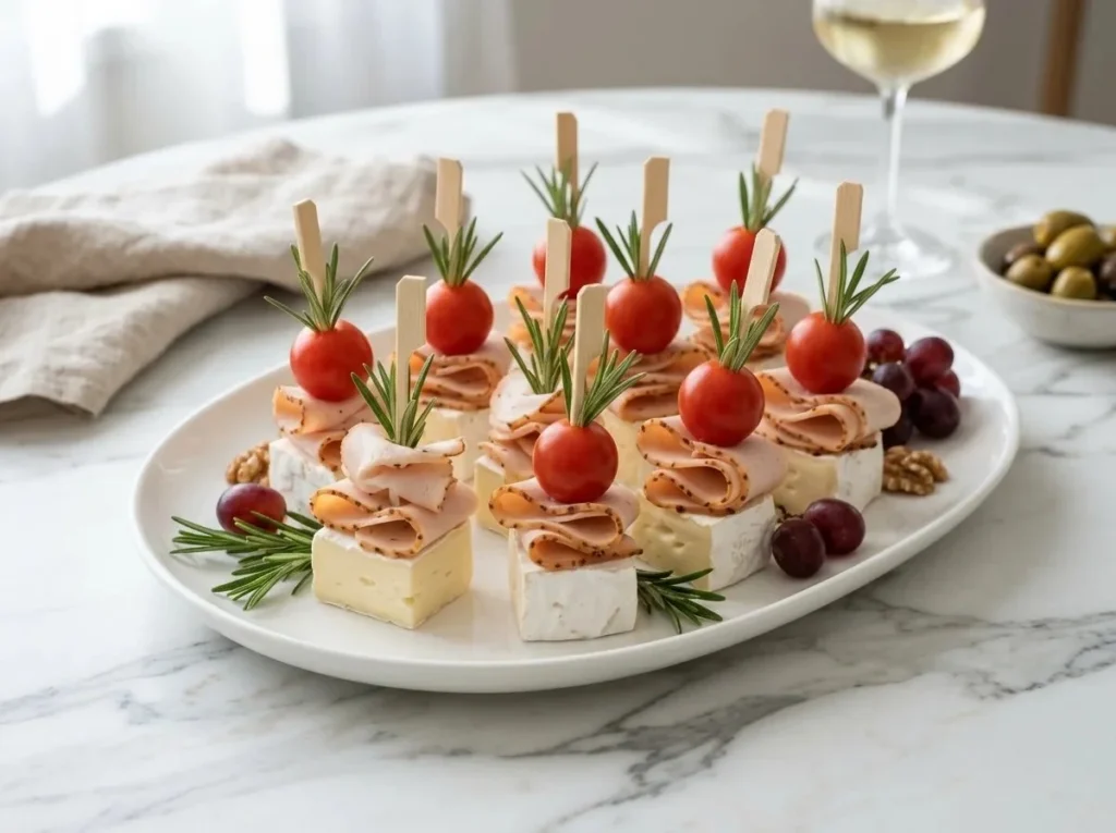 Minute Brie and Turkey Bites topped with Cherry Tomatoes on a platter