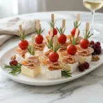 Minute Brie and Turkey Bites topped with Cherry Tomatoes on a platter