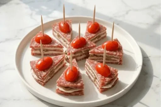 Low-carb party appetizer with salami, cream cheese, and olives on a platter