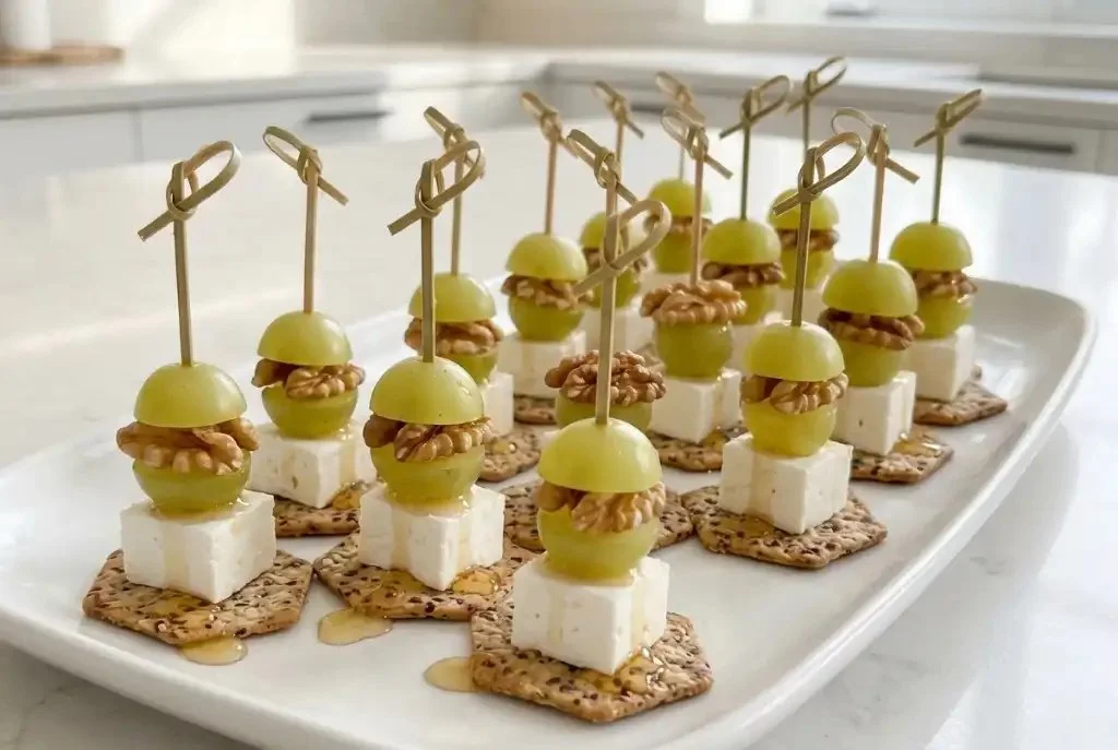 Sweet and salty appetizer bites with seeded crackers, walnuts, and creamy cheese.