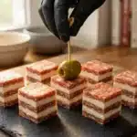 Salami and cheese stacks ready to serve as bite-sized party snacks