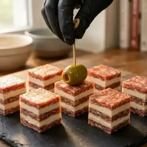 Salami and cheese stacks ready to serve as bite-sized party snacks