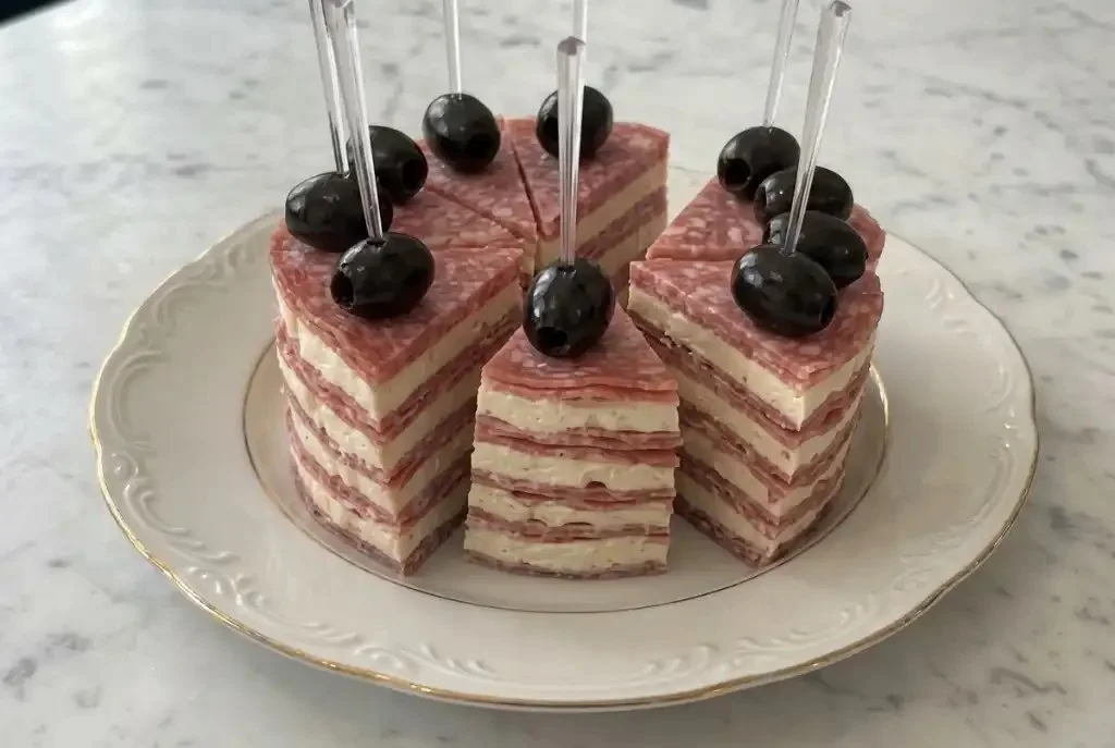 Savory cheese and salami cake slices served on a platter for a party