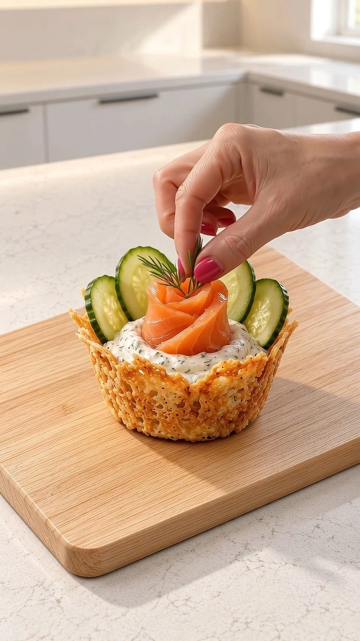 Smoked salmon and cream cheese appetizer cups for elegant party presentations.