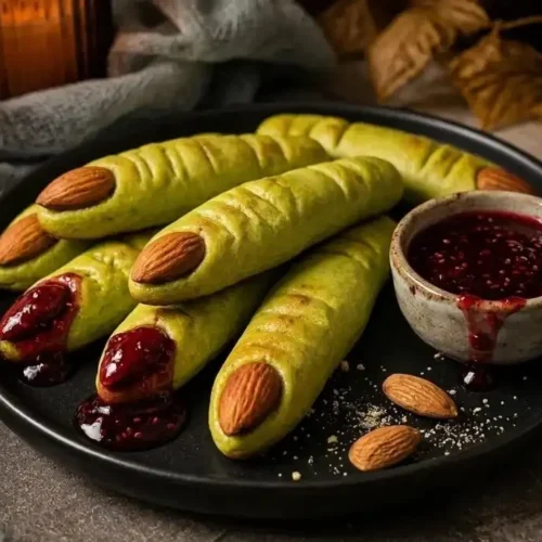 Spooky cheesy zombie fingers made with crispy spinach dough and mozzarella.