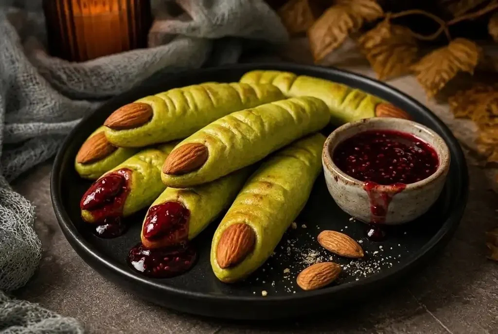 Spooky cheesy zombie fingers made with crispy spinach dough and mozzarella.
