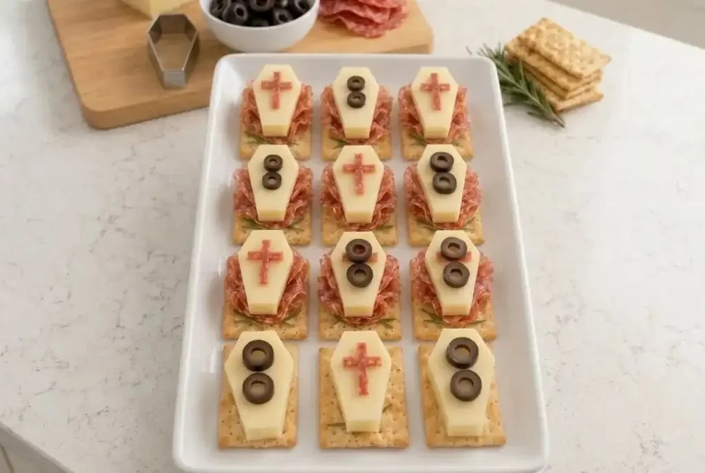 Spooky Coffin Crunch Bites Halloween snack recipe with cheese