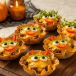 Spooky-cute monster taco bowls decorated for Halloween party celebrations.