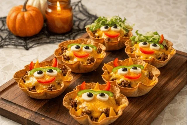 Spooky-cute monster taco bowls decorated for Halloween party celebrations.