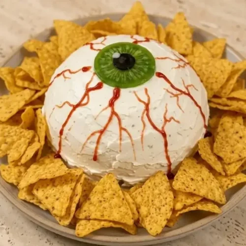 Giant Halloween Potato Salad Dome shaped like a creepy eyeball dip