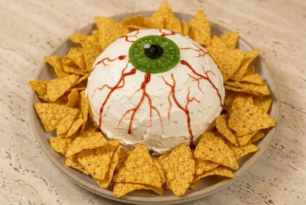 Giant Halloween Potato Salad Dome shaped like a creepy eyeball dip