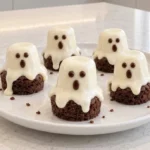 Spooky ghost brownie bites topped with marshmallow and white chocolate