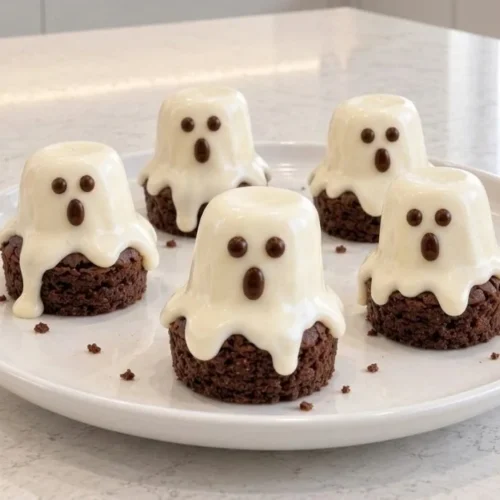 Spooky ghost brownie bites topped with marshmallow and white chocolate