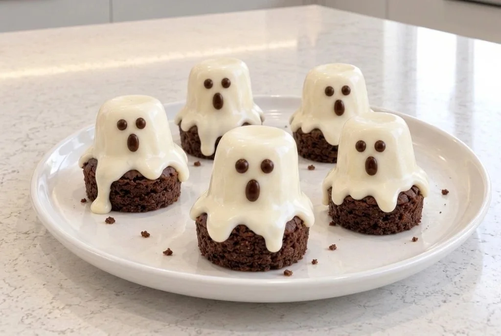 Spooky ghost brownie bites topped with marshmallow and white chocolate