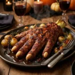 Spooky meatloaf Halloween centerpiece with creative decorations.
