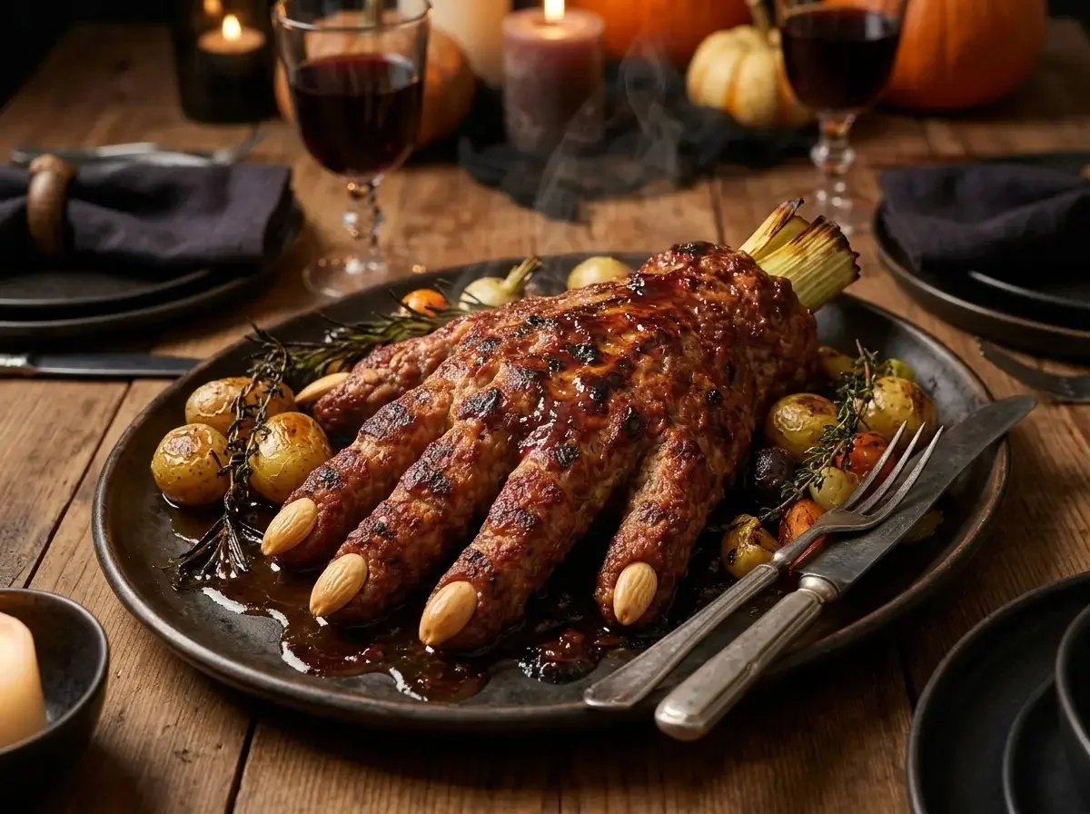Spooky meatloaf Halloween centerpiece with creative decorations.