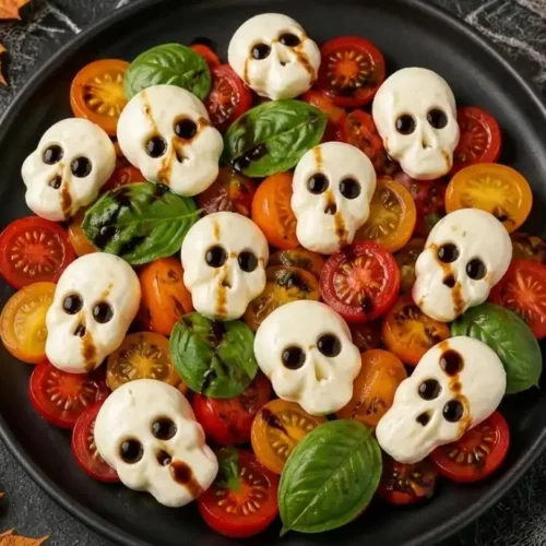 Spooky Skull Caprese Salad for Halloween with tomatoes and mozzarella